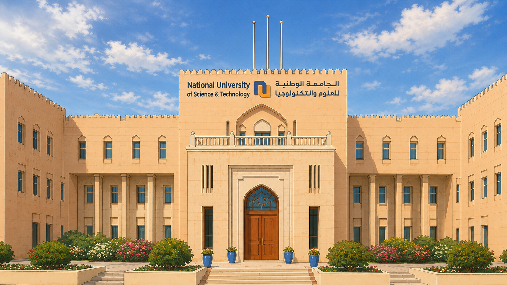 Illustration of the National University of Science & Technology main building in Oman